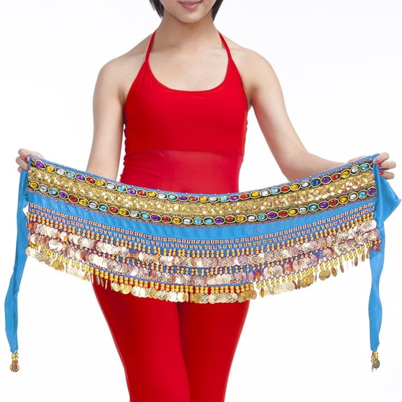 Womens Velvet Hip Scarf Skirts Sequin Gold Coins Belly Dance Wrap Skirt Belt Waist Chain Sky Blue, Free Size