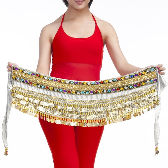 Womens Velvet Hip Scarf Skirts Sequin Gold Coins Belly Dance Wrap Skirt Belt Waist Chain White, Free Size