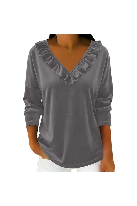 Womens Velvet Holiday Tops Elegant Ruffle Trim Party Blouse Long Sleeve V-Neck Evening Spring Summer Shirts