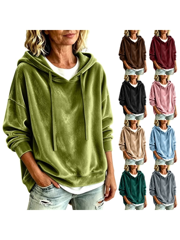 Womens Velvet Hoodies Tops Shirts Oversized Long Sleeve Drawstring Pullovers Lounge Velour Shirts for Travel