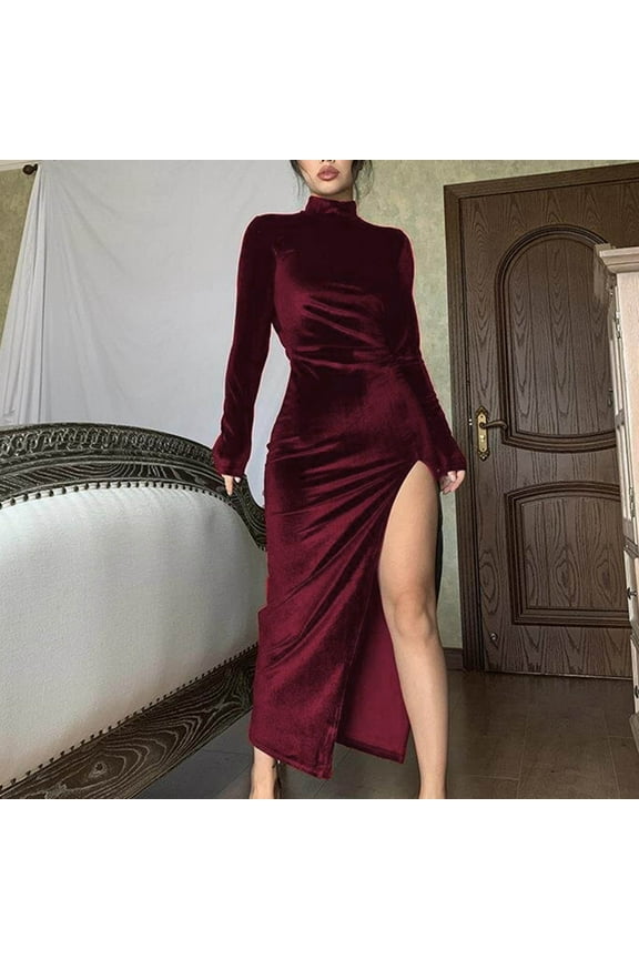Womens Velvet Long Dress with Slit, Long Sleeve Mock High Neck Bodycon Sexy Casual Fall Winter Spring Maxi Dress (XX-Large, Wine)