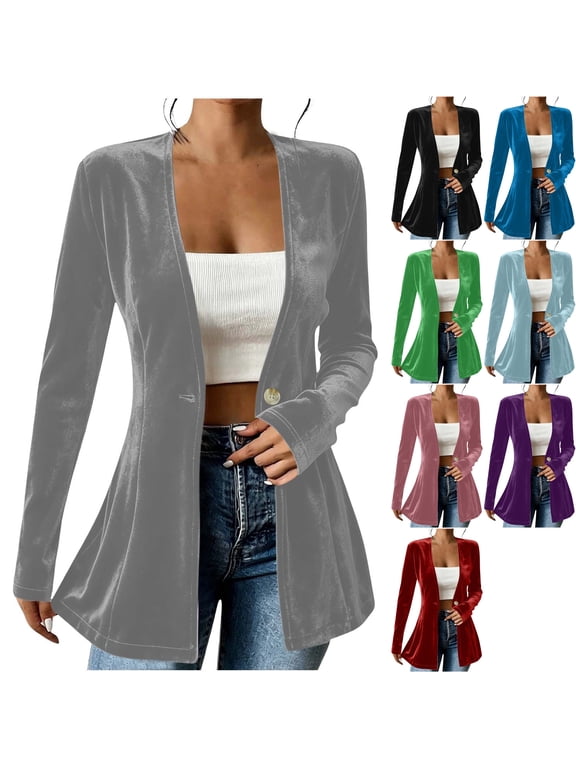 Womens Velvet Long Sleeve Blazer Collarless V Neck Slim Fit Velour Flared Peplum One Button Dressy Suit Jacket for Business Casual Work Office, Gray, S