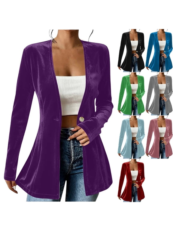 Womens Velvet Long Sleeve Blazer Collarless V Neck Slim Fit Velour Flared Peplum One Button Dressy Suit Jacket for Business Casual Work Office, Purple, M
