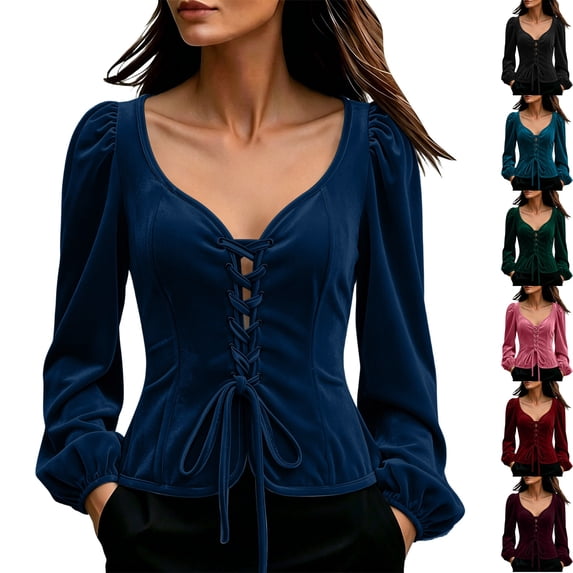 Womens Velvet Long Sleeve Renaissance Shirts Sweetheart Neck Slim Fitted Lace Up Corset Blouses Gothic Peasant Tops for Halloween Party, Dark Blue, XL