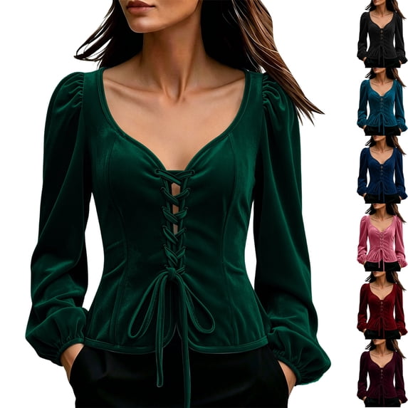 Womens Velvet Long Sleeve Renaissance Shirts Sweetheart Neck Slim Fitted Lace Up Corset Blouses Gothic Peasant Tops for Halloween Party, Green, S