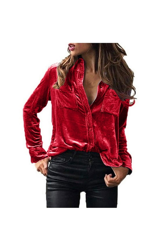 Womens Velvet Long Sleeve Shirts Winter Button Pocket Casual Flannel Blouses Solid Color Slim Fashion Tops