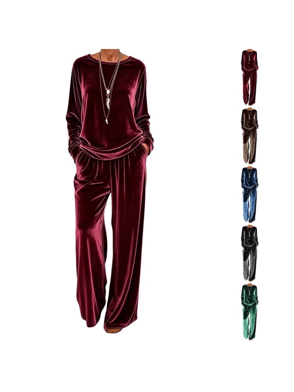 Womens Velvet Lounge Set Crewneck Long Sleeve Tops Baggy Wide Leg Velour Sweatpants Jogging Suit