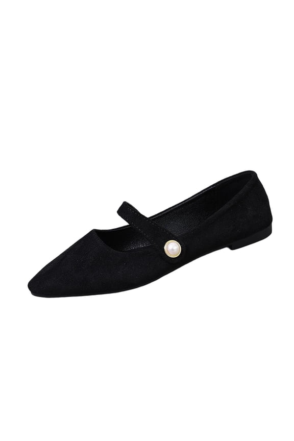 Womens Velvet Mary Jane Flats Pointed Toe with Pearl Buckle, Slip On Ballet Flats for Women Comfortable Work Casual Shoes - Black,Size 39