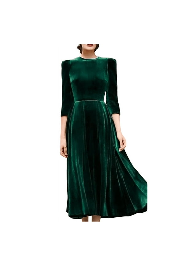 Womens Velvet Midi Dress with Puff Sleeves Spring Fall Winter Fashion Bridesmaid Dress