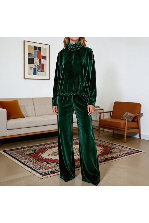 Womens Velvet Outfit Sets for Evening Party,2 Piece Dressy Casual Pajama Sets,Half Zipper Long Sleeve Elastic Sweatsuits for Gym Workout