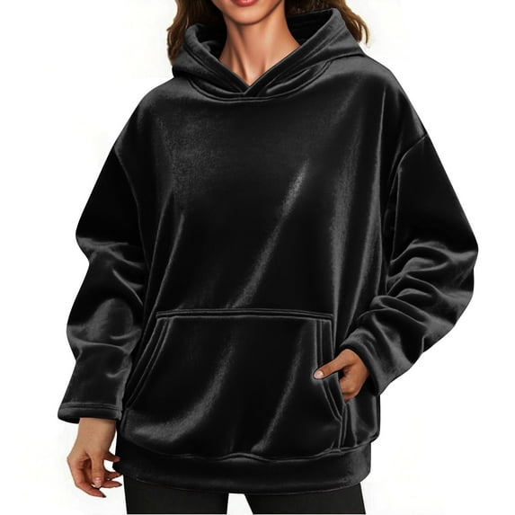 Womens Velvet Oversized Hoodies, Long Sleeve Pullover for Women Fall Fashion Loose Fit Sparkly Solid Color Hooded Sweatshirts with Pockets