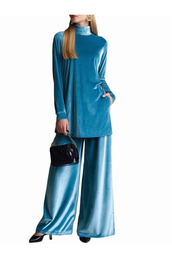 Womens Velvet Pant Suits: Fall Winter 2 Piece Outfits with Turtle Neck Top and Wide Leg Pants Blue XXL