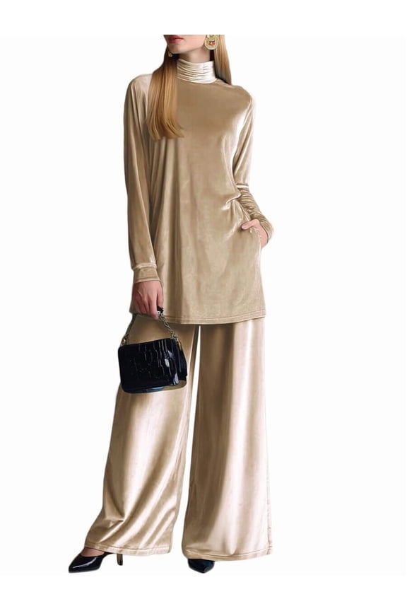 Womens Velvet Pant Suits: Fall Winter 2 Piece Outfits with Turtle Neck Top and Wide Leg Pants XL