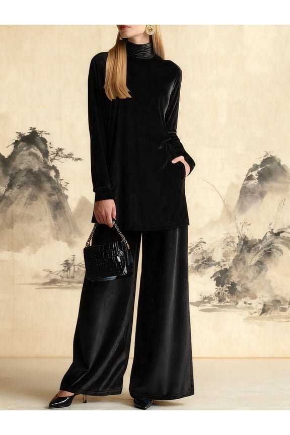 Womens Velvet Pant Suits: Fall Winter 2 Piece Outfits with Turtle Neck Top and Wide Leg Pants