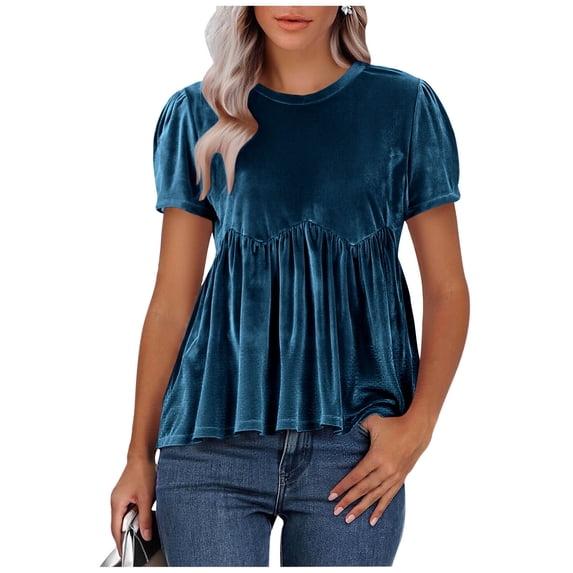 Womens Velvet Peplum Babydoll Tops Casual Crewneck Pleated Blouse Short Sleeve Flared Swing Pullover