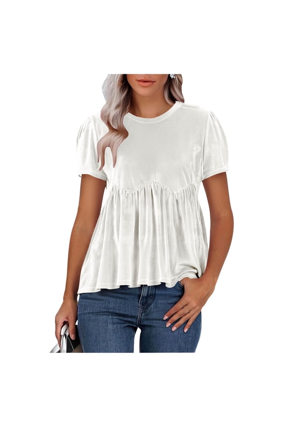 Womens Velvet Peplum Babydoll Tops Casual Crewneck Pleated Blouse Short Sleeve Flared Swing Pullover