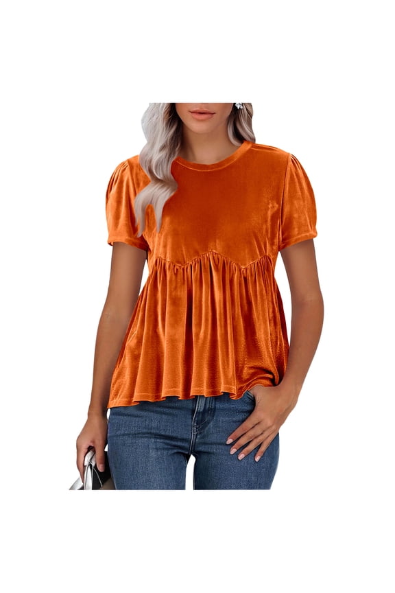 Womens Velvet Peplum Babydoll Tops Casual Crewneck Pleated Blouse Short Sleeve Flared Swing Pullover