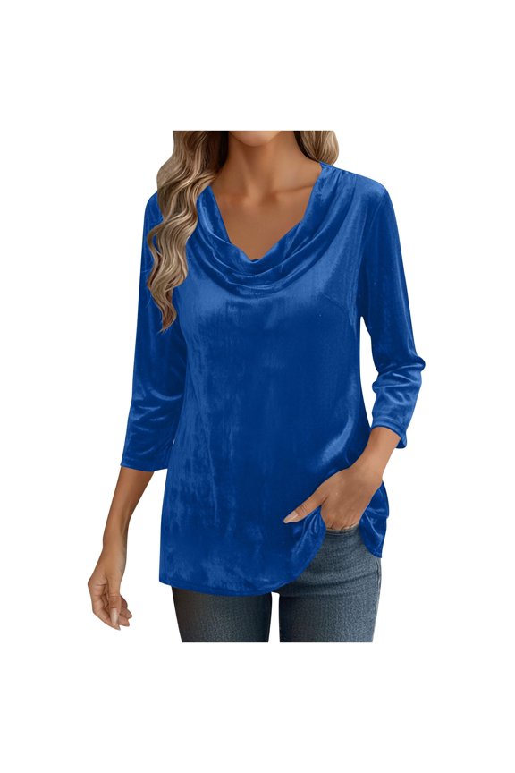 Womens Velvet Shirts Dressy Cowl Neck Drape Ruched Front Soft Tops Casual 3/4 Sleeve Loose Fit Solid Blouses T Shirts
