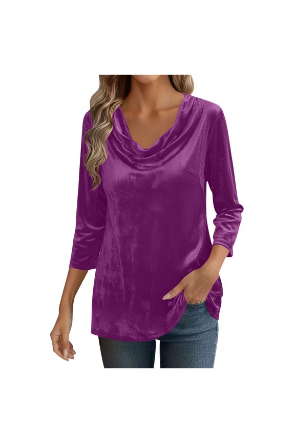 Womens Velvet Shirts Dressy Cowl Neck Drape Ruched Front Soft Tops Casual 3/4 Sleeve Loose Fit Solid Blouses T Shirts