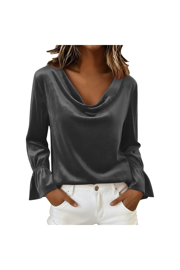 Womens Satin Blouse Cowl Neck Draped Silky Long Sleeve Dressy Tops Fall Trend Velvet Blouse Cowl Neck Puff Sleeve Top