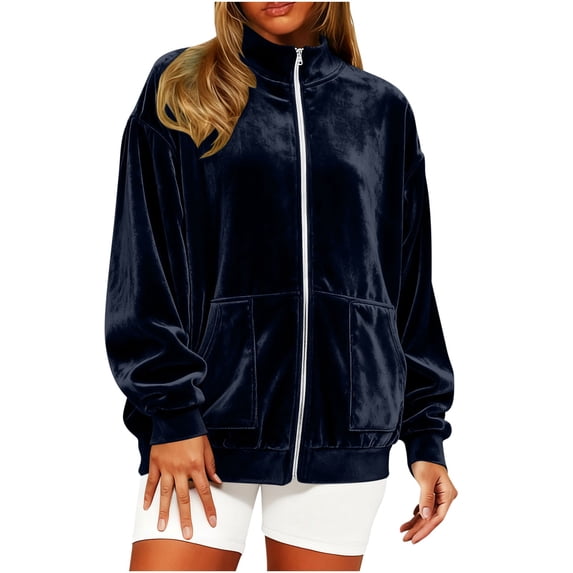 Womens Velvet Shirts Zip Up Hoodie Long Sleeve Oversized Stand Y2K Tops Velour Sweatshirt Velvet Jackets Fashion Clothes