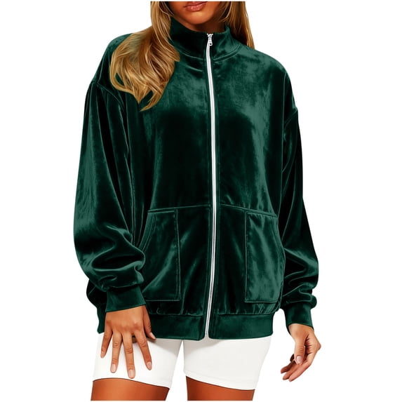 Womens Velvet Shirts Zip Up Hoodie Long Sleeve Oversized Stand Y2K Tops Velour Sweatshirt Velvet Jackets Fashion Clothes