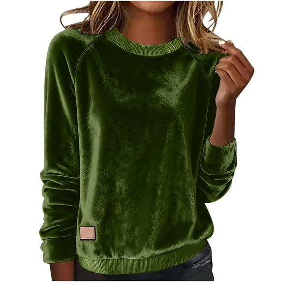 Womens Velvet Spring Clothes, Long Sleeve Shirts for Women Summer Fashion Shiny Solid Color Fleece Crewneck T-Shirts