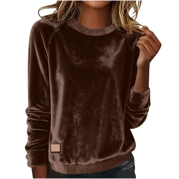 Womens Velvet Spring Clothes, Long Sleeve Shirts for Women Summer Fashion Shiny Solid Color Fleece Crewneck T-Shirts