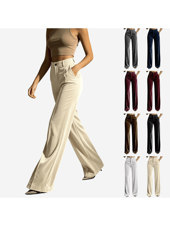 Womens Velvet Straight Leg Pants, High Waist Casual Trousers with Front Button Zipper & Pockets, Business Casual Office Daily Wear | VerBelle,Wine M