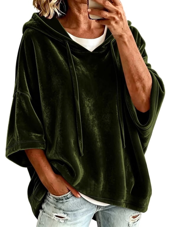 Womens Velvet Sweatshirt 3/4 Sleeve Hoodie Oversized Pullover Jacket