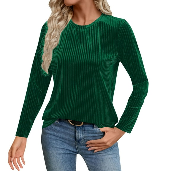 Womens Velvet Top Ribbed Long Sleeve Shirts Crew Neck Casual Tunic Tops Dressy Solid Color Blouses Spring Outfits for Women 2026