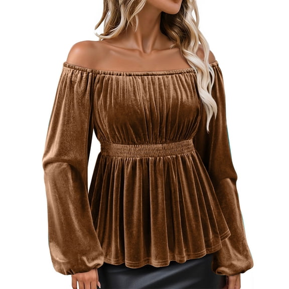 Womens Velvet Top, Yigetop Womens Shirts Tops Long Sleeve Elegant Evening Tops Dressy Blouses off The Shoulder Tops for Women Brown, 2XL