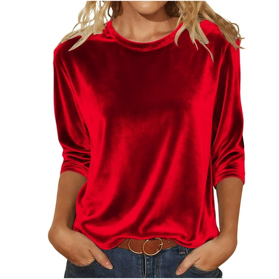 Womens Velvet Tops Elegant Casual Outfits 3/4 Length Sleeve Crew Neck Dressy Blouses Loose Party T-shirts (L, Red)