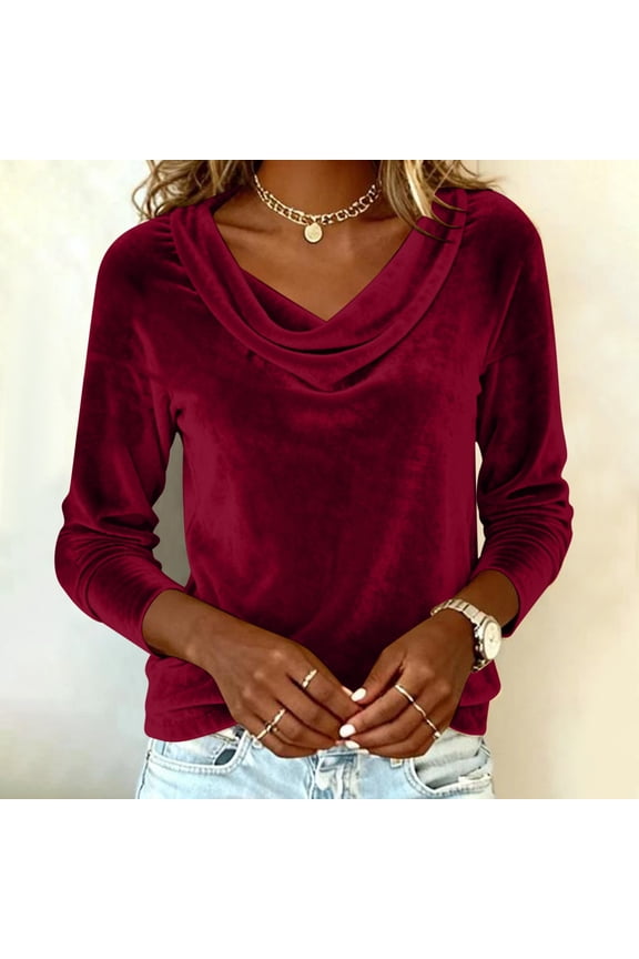 Womens Velvet Tops Long Sleeve Cowl V Neck Shirt Vintage Dressy Regular Fit Tunic Tops for Evening Wedding Party