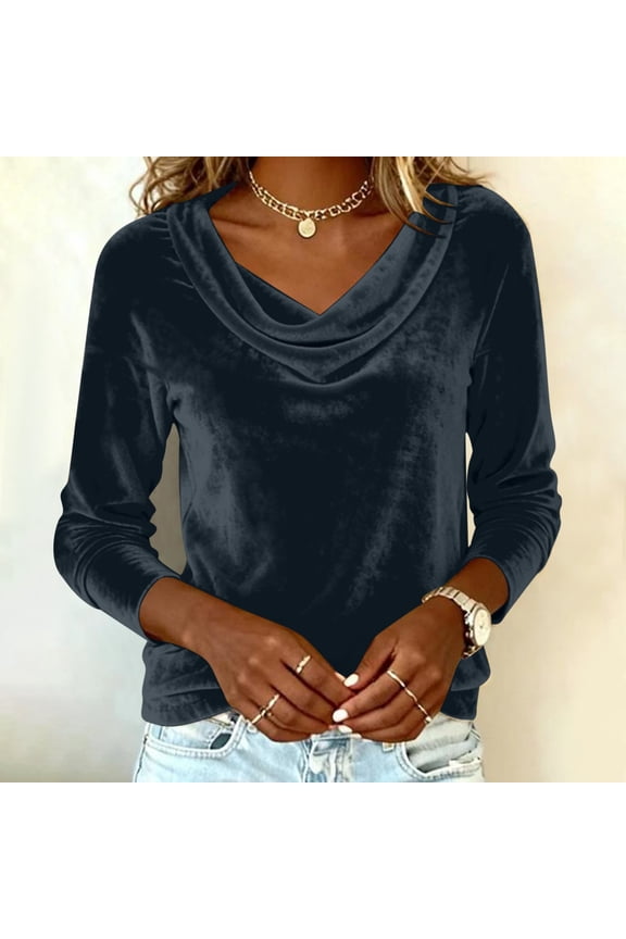 Womens Velvet Tops Long Sleeve Cowl V Neck Shirt Vintage Dressy Regular Fit Tunic Tops for Evening Wedding Party