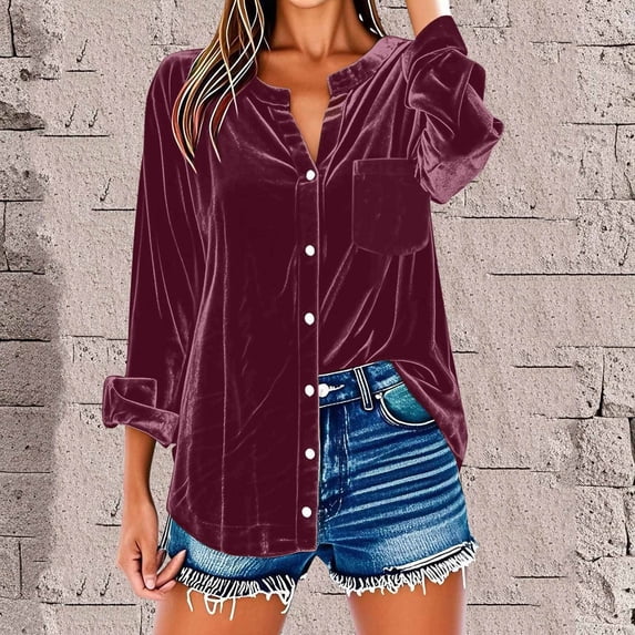 Womens Velvet Tops Plus Size Long Sleeve Button Down Elegant Blouses Dressy V Neck Lapel Collar Tshirts with Chest Pocket Holiday Outfits