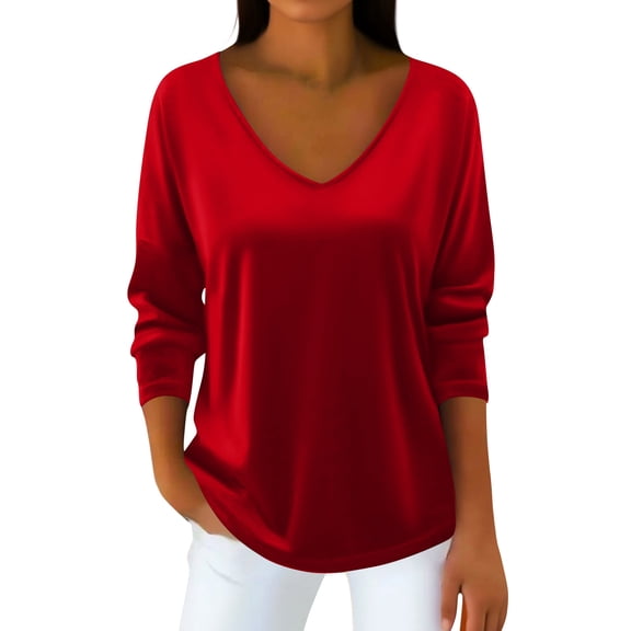 Womens Velvet Tops V Neck Long Sleeve Tunic Shirts Dressy Casual Loose Blouses Cocktail Evening Party Blouses Red M