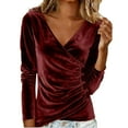 thumbnail image 1 of Womens Velvet Tops with Buttons, Long Sleeve Shirts for Women Spring Casual Sparkly Solid Color Crisscross V Neck T-Shirts Basic Tops Fall Clothes, 1 of 6
