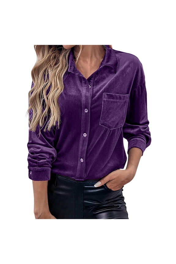 Womens Velvet Tops with Pockets, Long Sleeve Shirts for Women Fall Winter Fashion Sparkly Solid Color Lapel Button Down T-Shirts