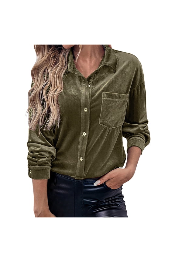 Womens Velvet Tops with Pockets, Long Sleeve Shirts for Women Fall Winter Fashion Sparkly Solid Color Lapel Button Down T-Shirts