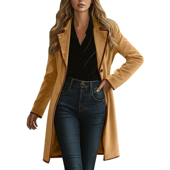 Womens Velvet Trench Coats Trendy Windproof Outerwear Long Lapel Pocketed Overcoat Lightweight Causal Coats