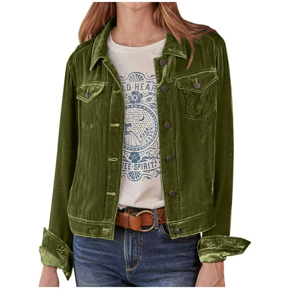 Womens Velvet Trucker Jacket, Retro Button Down Lapel Shacket Jackets, Solid Velour Crop Tops Vintage Denim Jacket