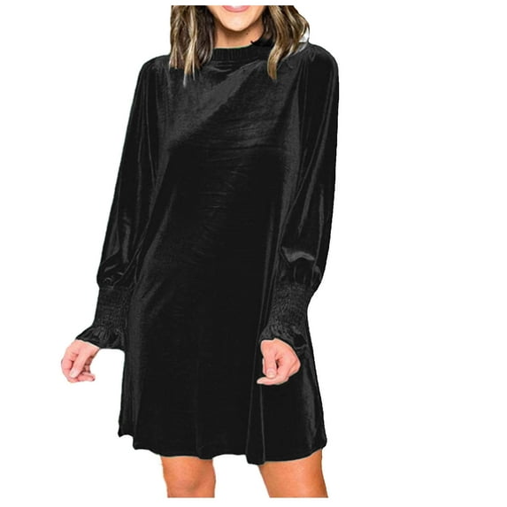 Womens Velvet Tunic Mini Dress Fall Fashion Lantern Long Sleeve Shirt Dress Crewneck Casual Loose Fit Pullover Dress