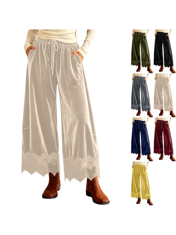 Womens Velvet Wide Leg Pants Sheer Lace Trim Loose Fit Flowy Fall Boho Elastic Waist Ankle Length Trousers Scalloped Hem with Pockets for Going Out, Khaki, L