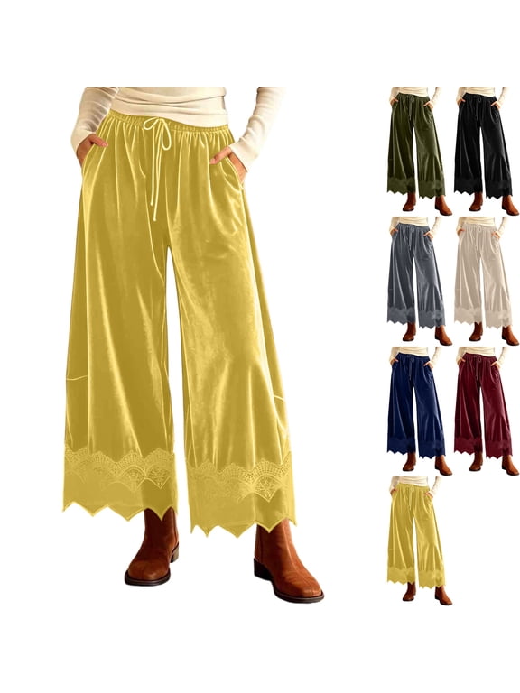 Womens Velvet Wide Leg Pants Sheer Lace Trim Loose Fit Flowy Fall Boho Elastic Waist Ankle Length Trousers Scalloped Hem with Pockets for Going Out, Yellow, XL