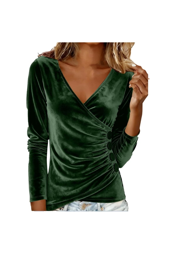 Womens Velvet Wrap Tops Long Sleeve V-Neck T-Shirts Dressy Casual Blouses Spring Clothes 2026