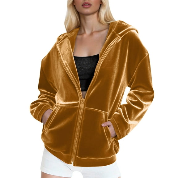 Womens Velvet Zip up Hoodie Sweatshirt Long Sleeve Fall Oversized Hooded Jacket with Pockets Fashion Clothes New Light Fall Jacket Women Casual Gold XXL