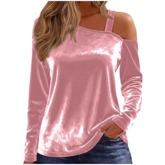 Womens Velvet off the Shoulder Tops, Elegant Loose Long Sleeve Shirts, Fall Winter Mock Neck Blouse