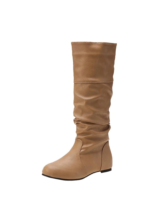 Womens Versatile Pleated Low Heel Boots, Comfortable Mid Calf Plus Size Solid Color Fall Winter