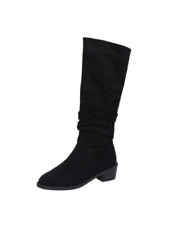 Womens Versatile Round Toe Knee High Boots, Comfortable Slip On Plus Size Fall Winter
